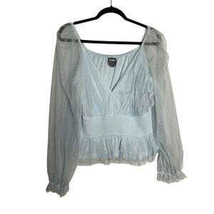 Arula Light Blue Sheer Long Puff Sleeve V Neck Polka Dot Cropped Blouse Top